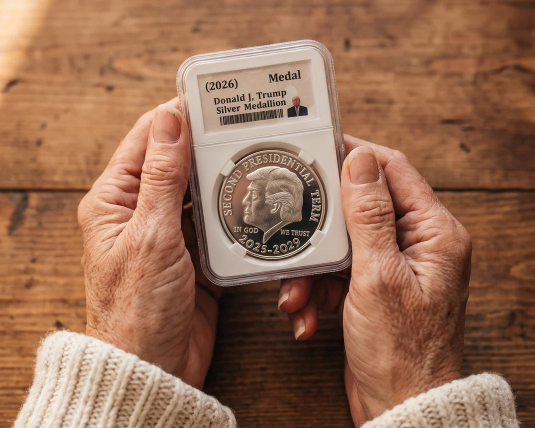 Elderly hands holding the President Trump Second Edition Silver Medallion in its case