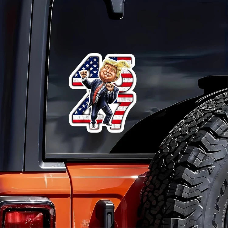 Trump 45/47 Patriotic Vinyl Sticker applied to a black truck window