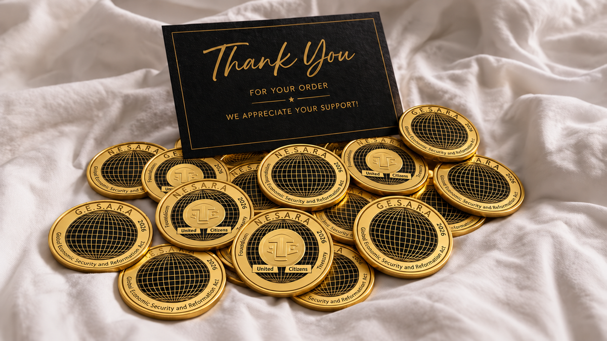 Thank You card with Nesara Gesara gold coins on white cloth