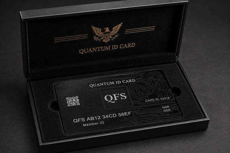 Quantum ID Card in a black display case