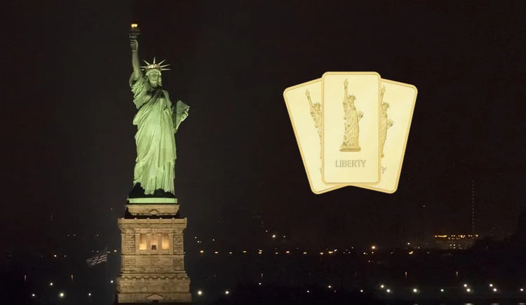 Statue of Liberty at night with three Patriot Liberty Plates overlaid
