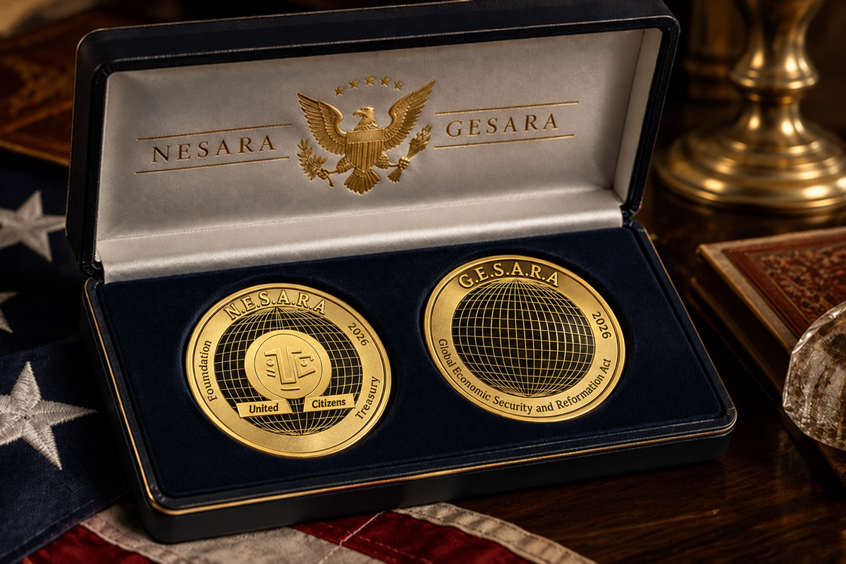 Two Nesara Gesara gold coins in a navy velvet display case