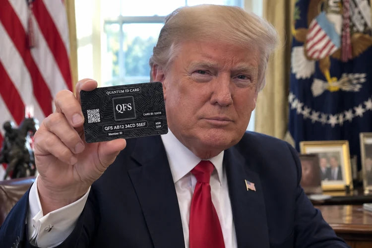 Donald Trump holding the QUANTUM ID CARD in the Oval Office