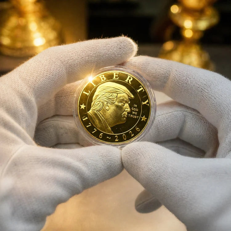 Trump 250th Anniversary Coin held with white gloves showing LIBERTY 1776 2026 front