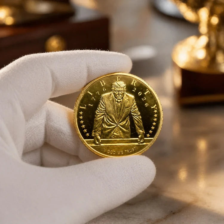 Trump 250th Anniversary Coin held with white gloves showing reverse